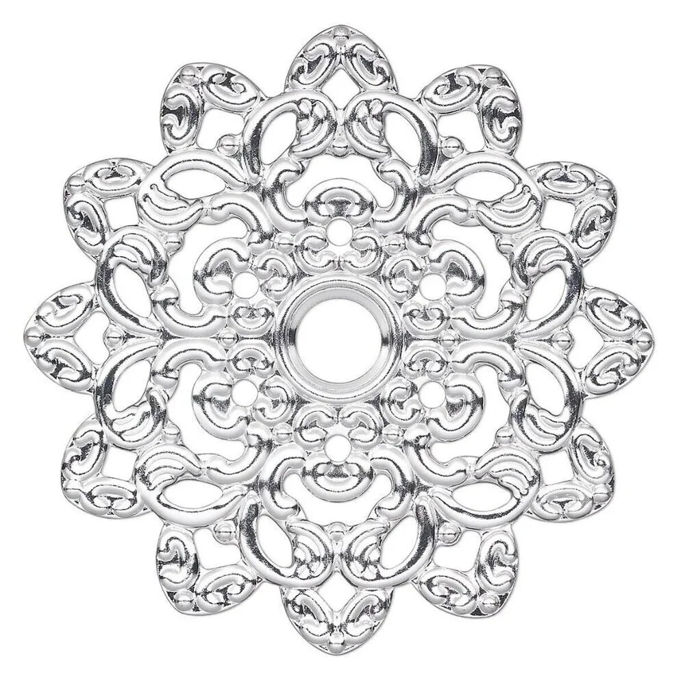 Fancy Abstract Flower Design 46mm Silver Plated Filigree Pendants 2 pcs
